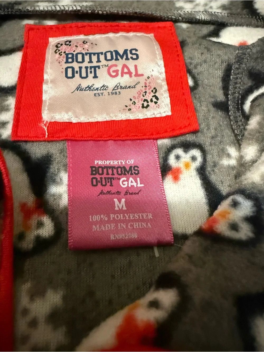 Bottoms Out Gal Kids Grey Penguin Fleece Pajama Top with Red Trim